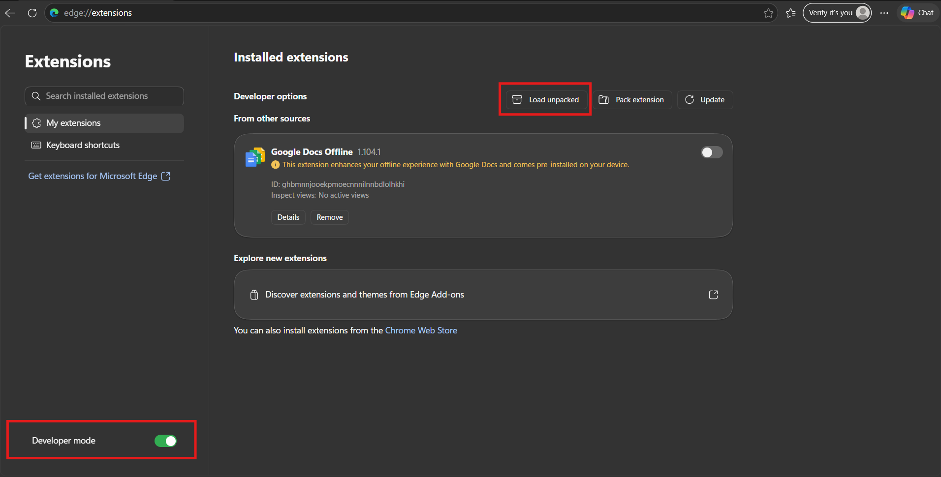 Edge Extensions page showing Developer mode toggle and Load unpacked button highlighted
