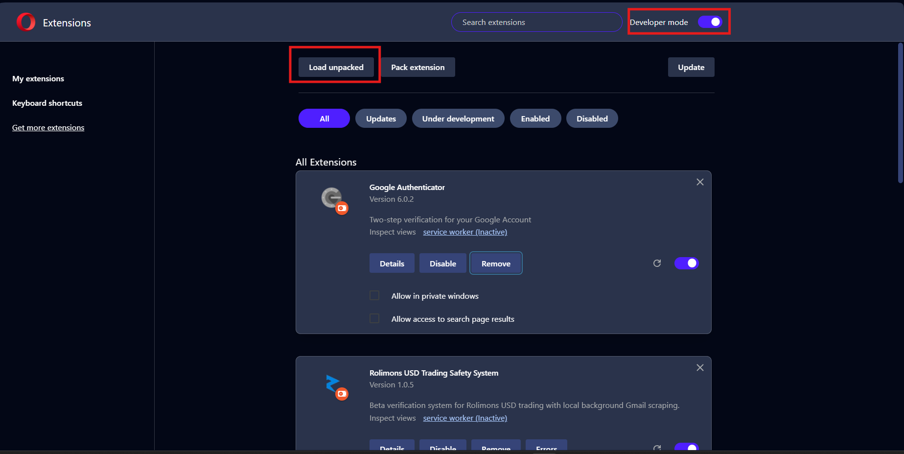 Opera Extensions page showing Developer mode toggle and Load unpacked button highlighted