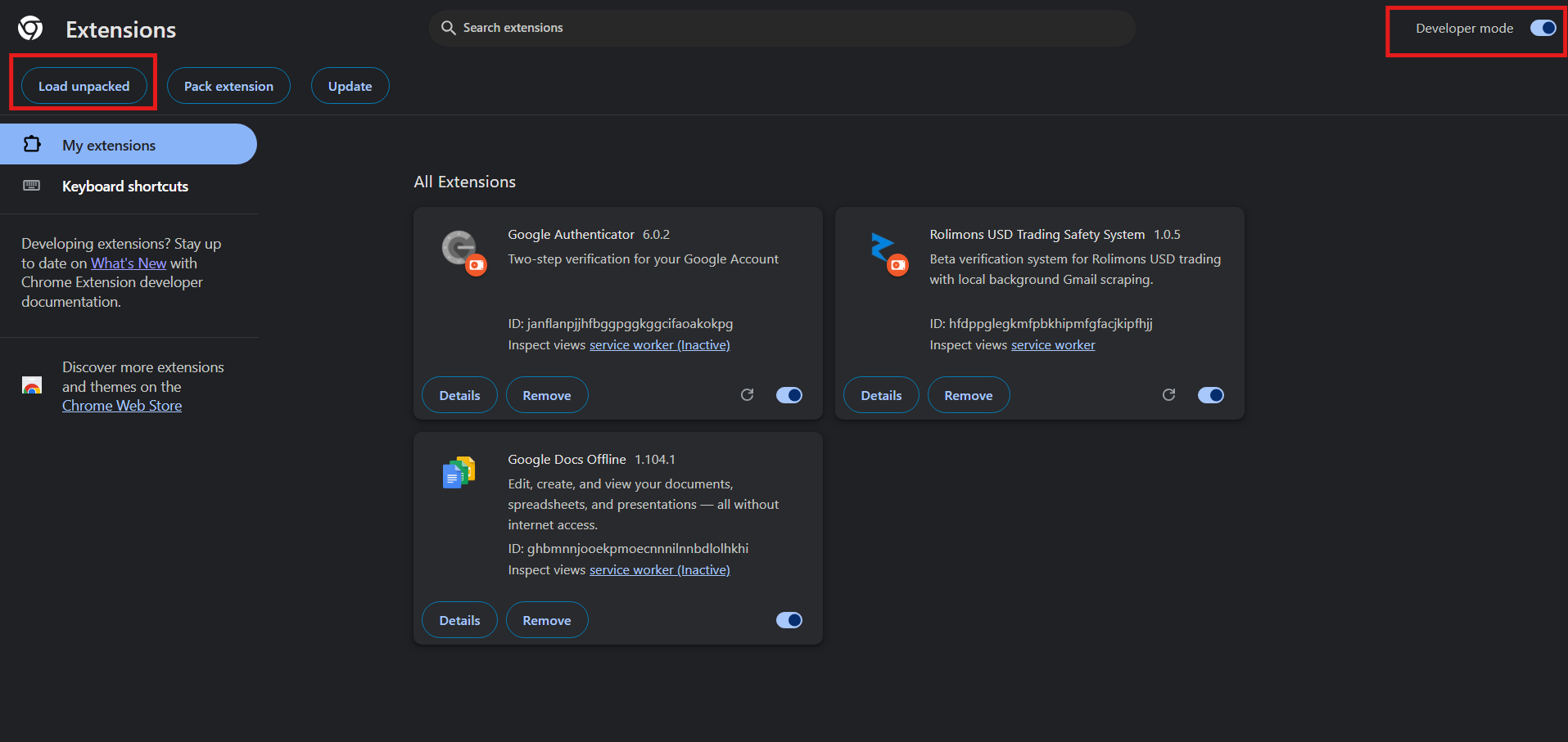 Chrome Extensions page showing Developer mode toggle and Load unpacked button highlighted